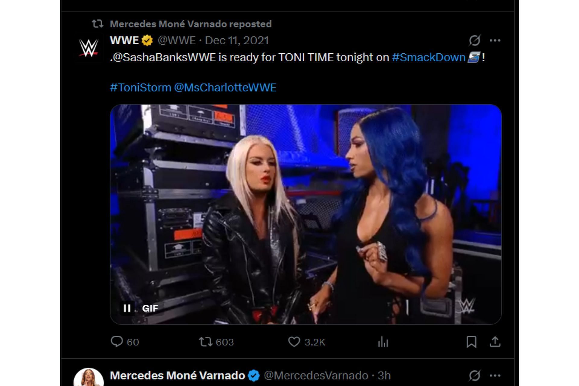 Mercedes reposted a clip of her with Toni Storm from their time in the WWE back in 2021 ahead of their AEW All In match